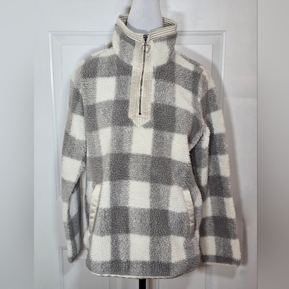 Abercrombie & Fitch Gray White Checkered Plaid Sherpa Quarter-Zip Pullover Small